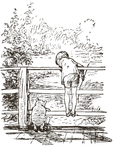 Christopher Robin and Piglet leaning on the rails of the wooden bridge, looking down at the river.